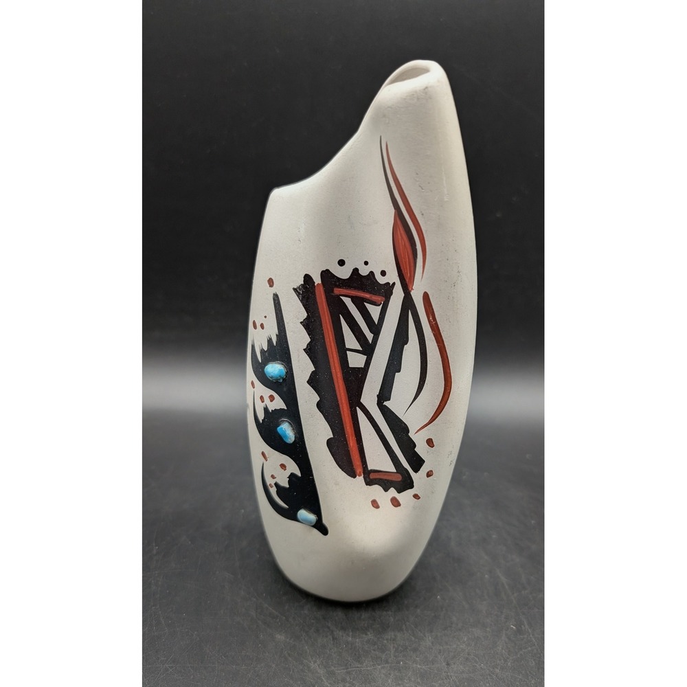 Signed Southwest Ceramic Art Pottery Vase Turquoise Accents White Black 8"